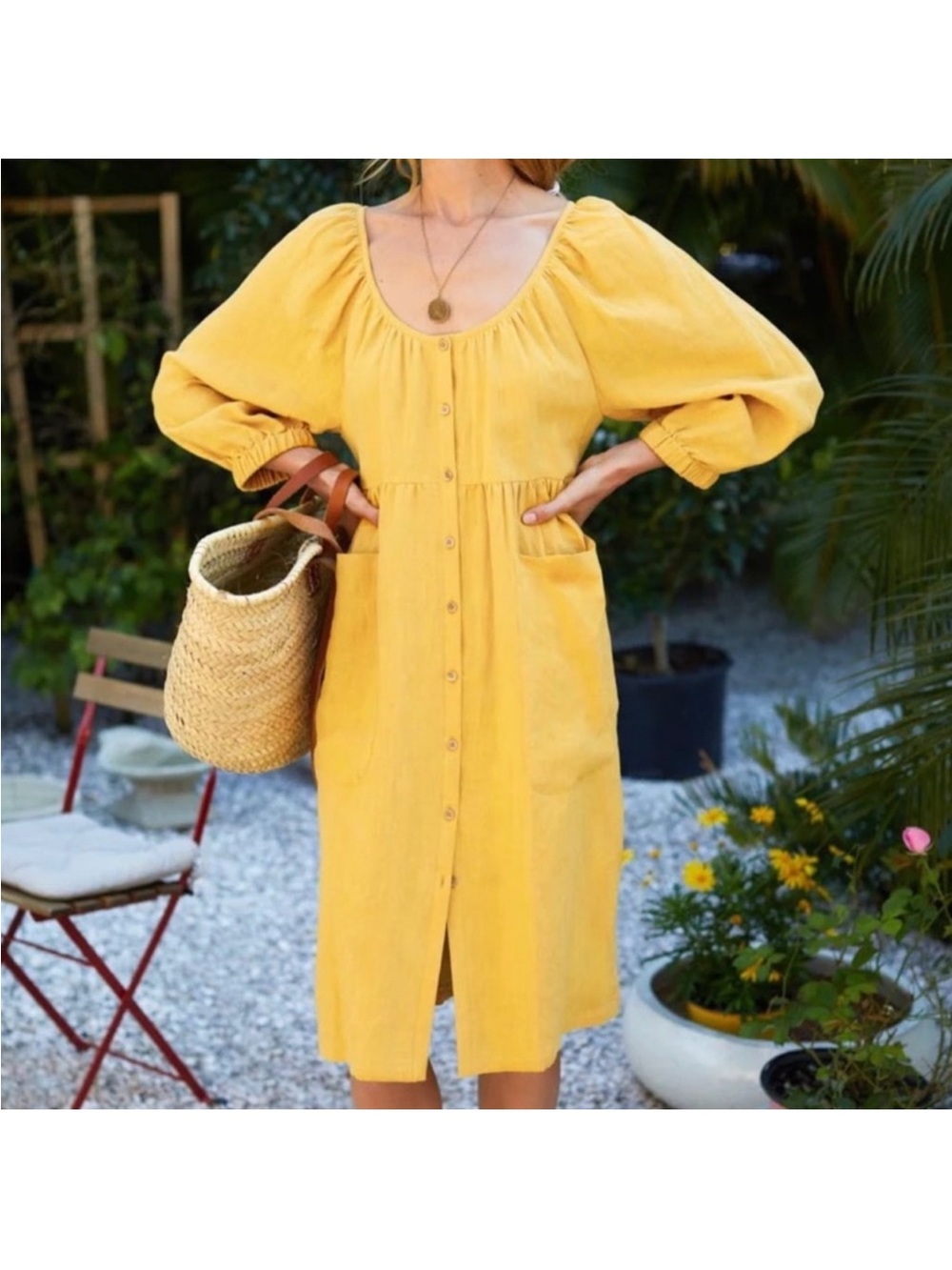 Emerson Fry Jasmine Honey Yellow Button-Front Linen Midi Dress